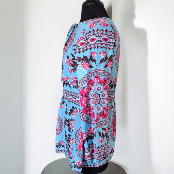 Blue Bohemian Print Tassel Tie V Neck Blouse - Picture 4 of 8